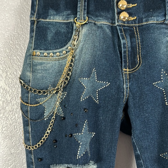 NYE Colombian made butt lifting star chain bling distressed jeans sz US 3 - Picture 3 of 13